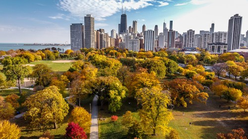 Aerial view of a vibrant autumn park with colorful trees and a skyline of Chicago in the background.