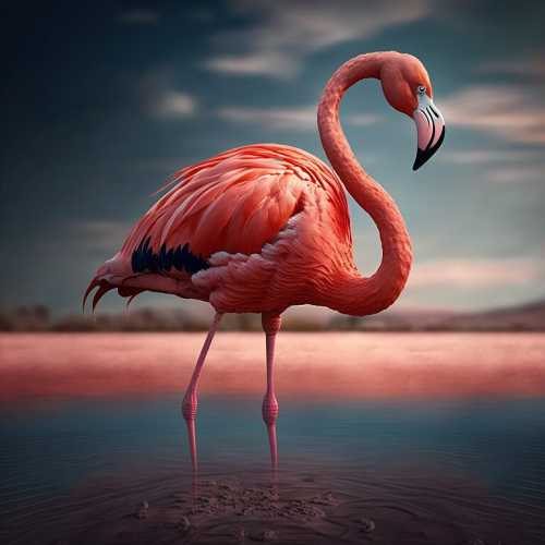 A vibrant pink flamingo stands gracefully in shallow water, with a serene landscape in the background.