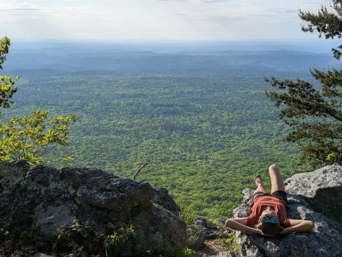 A person relaxes on a rocky ledge, overlooking a vast green forest and distant mountains under a clear sky.