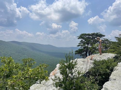 A person stands on a rocky ledge overlooking a lush green valley under a partly cloudy sky.