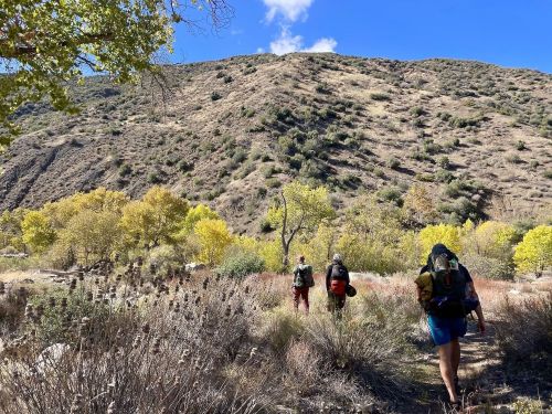 Three hikers with backpacks walk along a trail in a hilly landscape with autumn foliage and blue skies.
