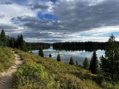 A serene landscape featuring a winding path beside a calm lake, surrounded by lush greenery and cloudy skies.