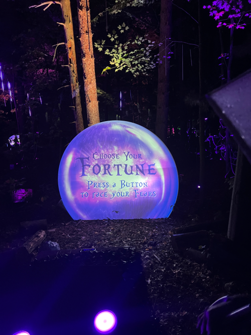A glowing fortune teller ball in a forest, inviting visitors to press buttons to reveal their fortunes.
