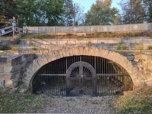 A stone archway with a black metal gate, surrounded by greenery and trees, leading to an underground space.