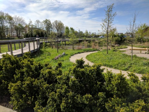 A serene park scene featuring winding paths, greenery, and wooden walkways under a blue sky with scattered clouds.