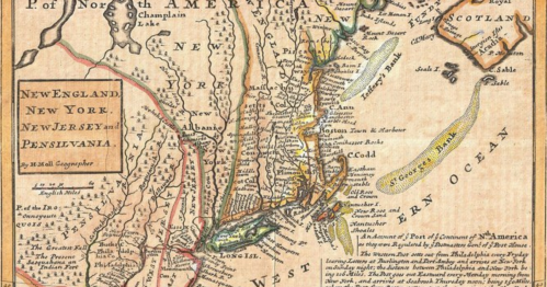 Historical map of New England, New York, New Jersey, and Pennsylvania, featuring detailed geographic features and routes.