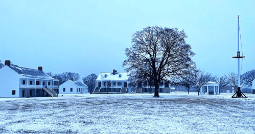 A snowy landscape featuring historic buildings, a large tree, and a flagpole in a serene winter setting.