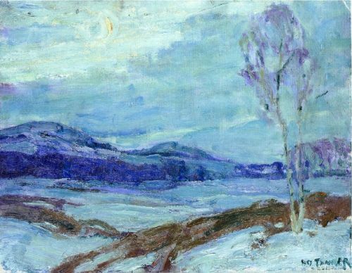 A serene winter landscape with soft blue tones, featuring hills, a lone tree, and a pale sky.