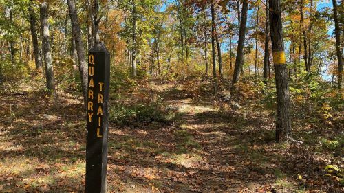 A trail sign reading "Quarry Trail" in a wooded area with autumn foliage and a clear blue sky.