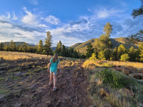 A girl walks along a dirt path in a mountainous landscape, surrounded by trees and a blue sky with clouds.