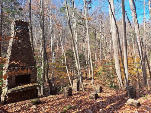 A stone chimney stands among trees in a forest, with fallen leaves covering the ground and a clear blue sky above.