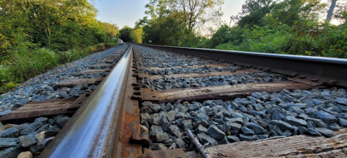 A close-up view of a railway track surrounded by greenery, with gravel and wooden ties visible.