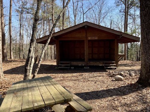 A wooden cabin in a forested area, with a picnic table in the foreground and trees surrounding the scene.