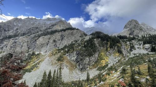 A scenic mountain landscape with rocky peaks, lush greenery, and a partly cloudy sky.