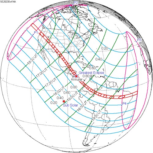 Map showing the path of an annular solar eclipse across North and South America, with timing and key points marked.