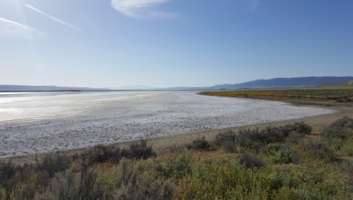 A serene landscape featuring a dry, salt flat with distant mountains under a clear blue sky.