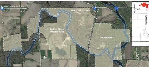 Map showing West Fork Access, Turkey Ridge Wildlife Area, and Fisher Forest, with parking areas marked.