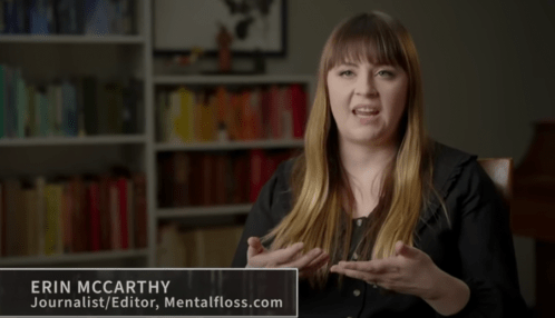 A woman with long hair speaks while seated, with bookshelves in the background. Text identifies her as Erin McCarthy, journalist.