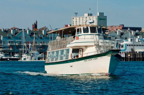 A white boat named "Bay View Lady" sails through blue water, with buildings and other boats in the background.