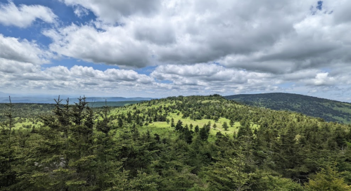 A panoramic view of lush green hills and trees under a cloudy blue sky.
