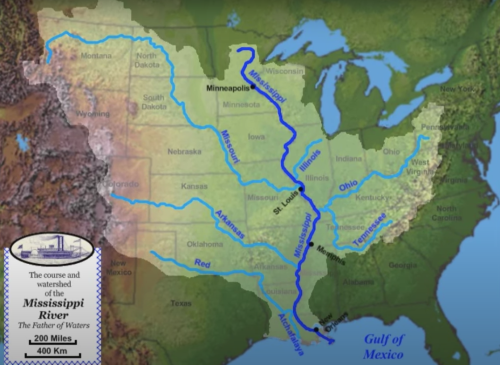 Map showing the course and watershed of the Mississippi River, from Minnesota to the Gulf of Mexico.