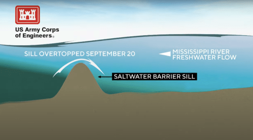 Diagram showing a saltwater barrier sill overtopped on September 20, with freshwater flow from the Mississippi River.