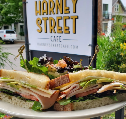 A close-up of a sandwich with layers of turkey, lettuce, and tomato, served on a plate in front of Harney Street Cafe.