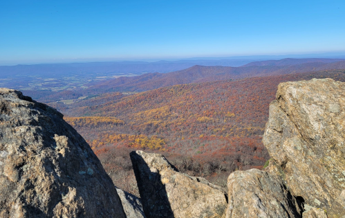 A panoramic view of colorful autumn foliage across rolling mountains under a clear blue sky.