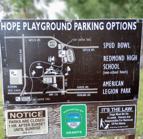 Map of parking options for Hope Playground, including Spud Bowl, Redmond High School, and American Legion Park.