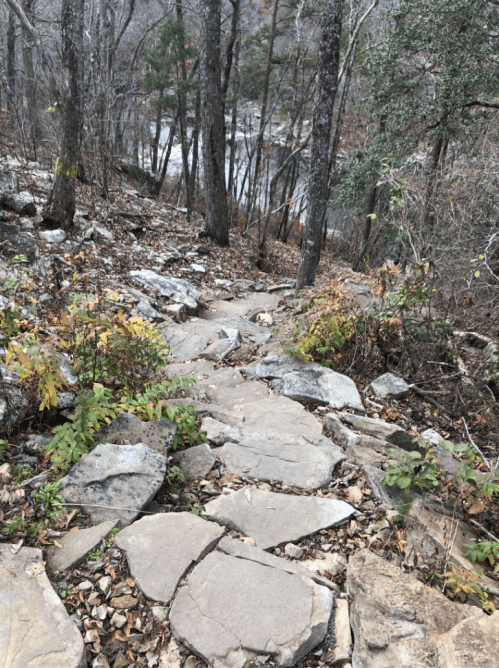 A rocky path winds through trees, leading down to a river in a serene, wooded area.