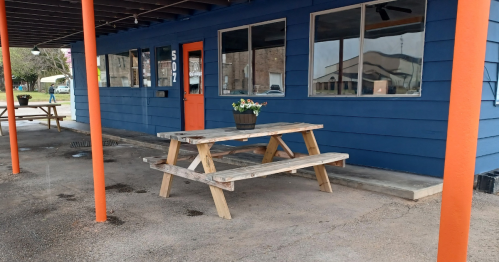A wooden picnic table with a flower pot sits outside a blue building with large windows and an orange door.