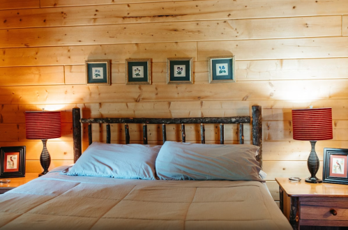 Cozy bedroom with a wooden bed, framed artwork, and lamps on either side, set against a rustic wooden wall.