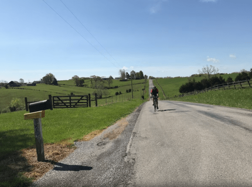 A cyclist rides along a rural road lined with green fields and a mailbox, under a clear blue sky.