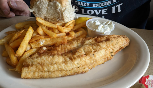 A plate with a fried fish fillet, French fries, a roll, and a small cup of tartar sauce.