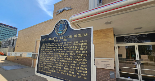 A historical marker about the Civil Rights Freedom Riders outside the Freedom Rides Museum in Montgomery, Alabama.