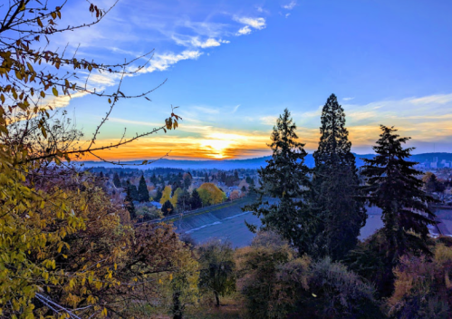 A scenic sunset over a landscape with trees, hills, and a colorful sky in autumn.