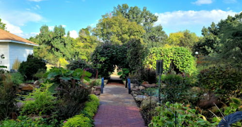 A lush garden path leads through greenery and trees under a blue sky, inviting exploration and tranquility.