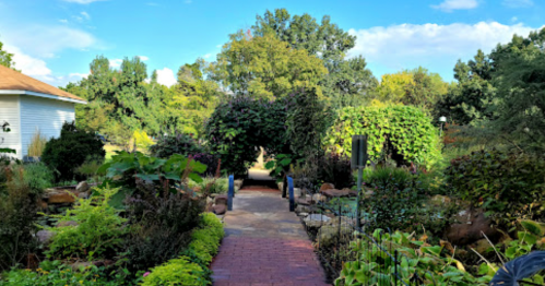 A lush garden path leads through greenery and arches, surrounded by vibrant plants under a clear blue sky.