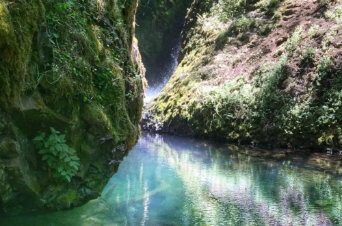 A serene, moss-covered canyon with clear blue water and a small waterfall in the background.