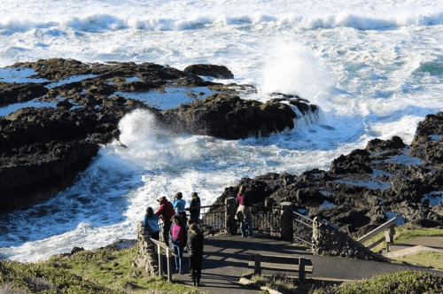 A group of people stands on a wooden walkway overlooking rocky shores and crashing waves.