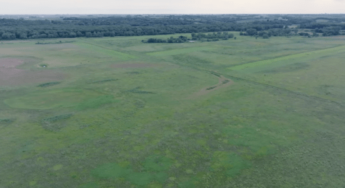 Aerial view of a vast green landscape with fields and patches of trees under a cloudy sky.