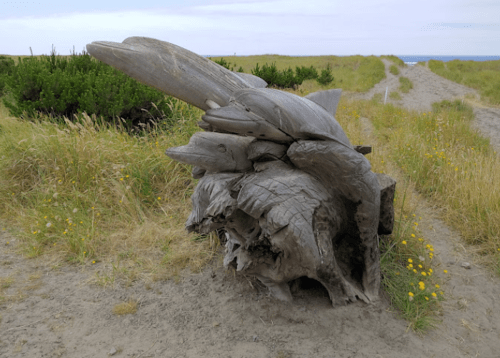 A carved wooden sculpture resembling fish, set in a grassy area near a sandy path and ocean in the background.