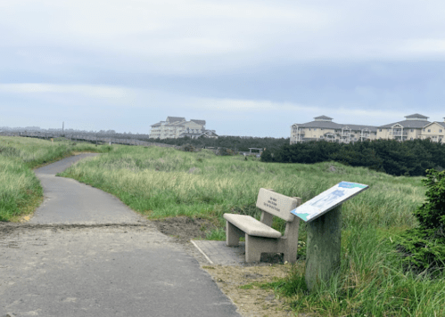 A path through tall grass leads to a bench and informational sign, with buildings visible in the background under a cloudy sky.