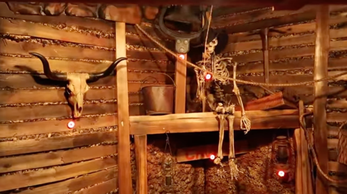 A dimly lit room with wooden walls, featuring a skeleton, a bull skull, and red lights illuminating the scene.