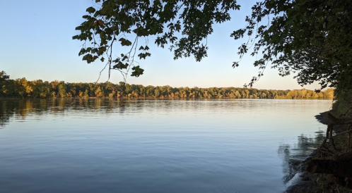 A serene river scene at sunset, with calm water reflecting trees along the shore and a clear sky above.
