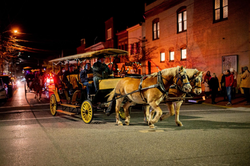 A horse-drawn carriage with passengers moves down a festive street at night, illuminated by lights and decorations.