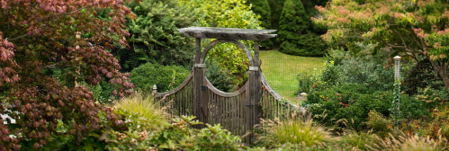 A wooden garden gate surrounded by lush greenery and colorful plants, inviting exploration into a serene landscape.