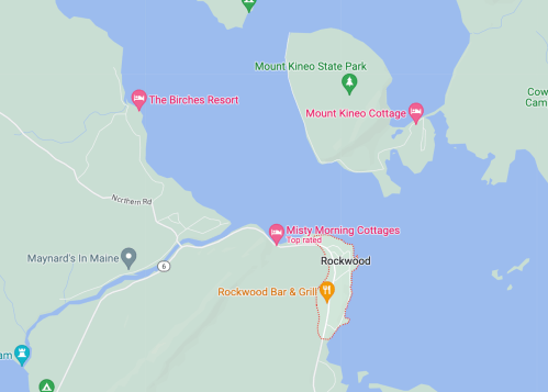 Map showing Mount Kineo State Park, nearby resorts, and cottages around a lake in Maine.