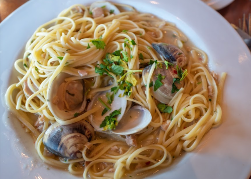 A plate of linguine pasta with clams, garnished with fresh parsley in a light sauce.