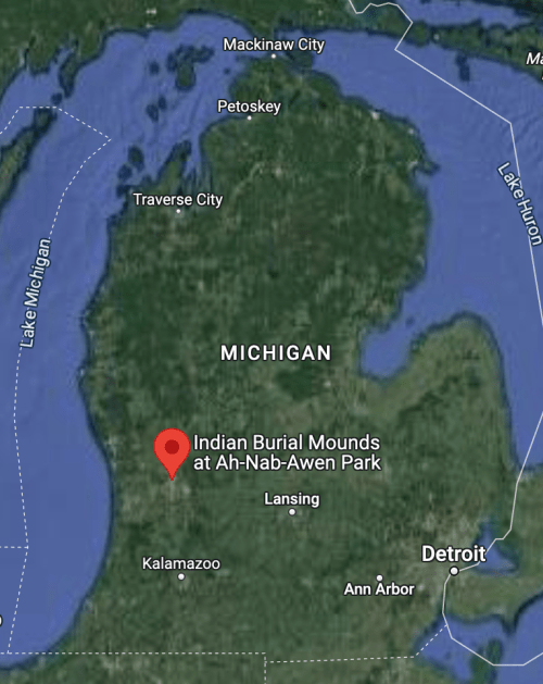 Map of Michigan highlighting the location of Indian Burial Mounds at Ah-Nab-Awen Park.